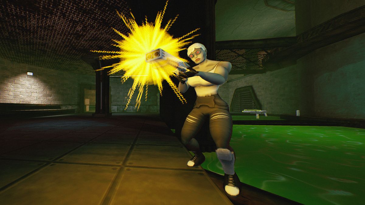 Woman firing toward screen with green waste in background