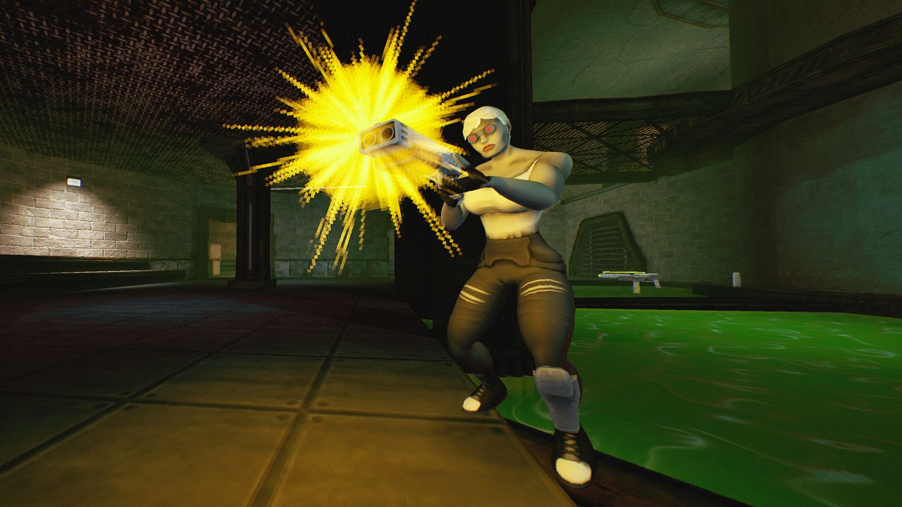 Woman firing toward screen with green waste in background
