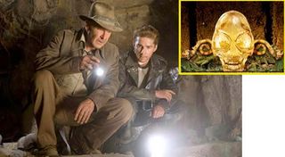 Harrison Ford and Shia LaBeouf in a scene from "Indiana Jones and the Kingdom of the Crystal Skull," out May 22. Also an illustration of the crystal skull.