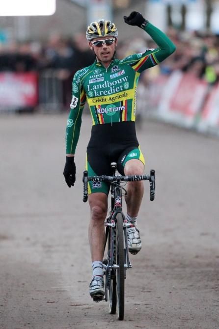 Sven Nys celebrates victory at Scheldecross in Antwerp, Belgium on December 10, 2011