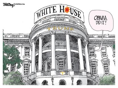 Political Cartoon U.S. Trump Obama coronavirus scapegoat