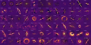 A series of small purple images with golden light in the shape of various disks