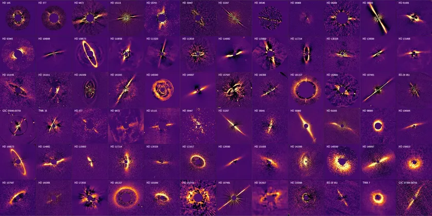 A series of small purple images with golden light in the shape of various disks