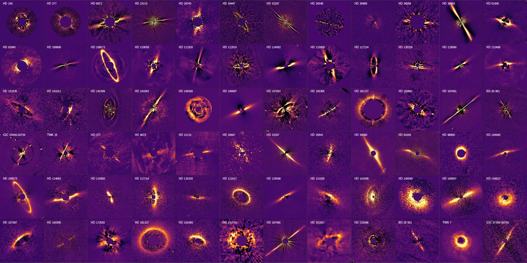 A series of small purple images with golden light in the shape of various disks