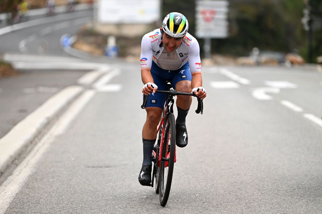 ANTIBES FRANCE FEBRUARY 18 Mathieu Burgaudeau of France and Team TotalEnergies attacks in the breakaway during the 55th Tour Des Alpes Maritimes Et Du Var 2023 Stage 2 a 1794km stage from MandelieulaNapoule to Antibes tour0683 on February 18 2023 in Antibes France Photo by Luc ClaessenGetty Images