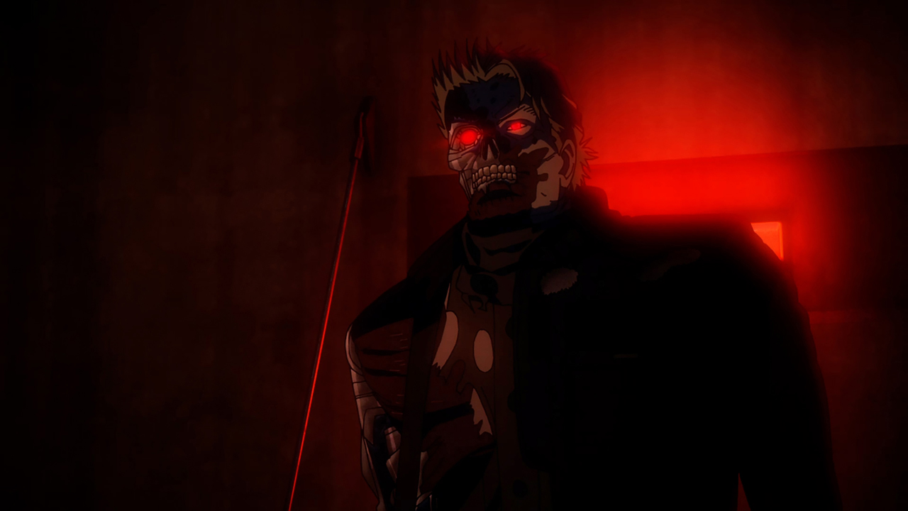 A Terminator with glowing red eyes in the Netflix animated series Terminator: Zero