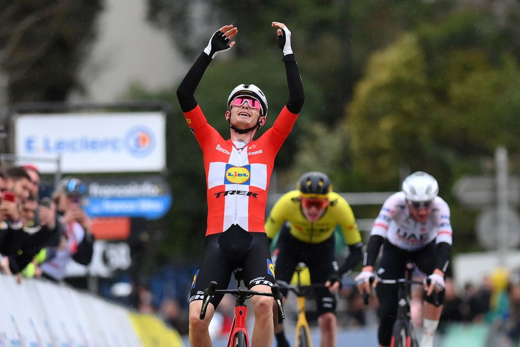 LA COLLESURLOUP FRANCE MARCH 08 EDITORS NOTE Alternate crop LR Mattias Skjelmose of Denmark and Team Lidl Trek celebrates at finish line as stage winner ahead of Matteo Jorgenson of The United States and Team Visma Lease a Bike and Brandon Mcnulty of The United States and UAE Team Emirates during the 82nd Paris Nice 2024 Stage 6 a 1982km stage from Sisteron to La CollesurLoup UCIWT on March 08 2024 in La CollesurLoup France Photo by Alex BroadwayGetty Images