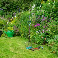 Garden fork on lawn next to border with flowering plants