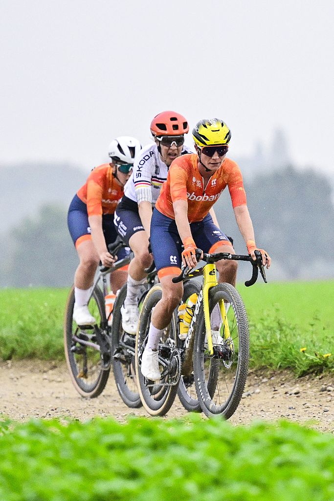 Dutch Marianne Vos pictured in action during the women elite race at the UCI World Gravel Championships, Saturday 11 October 2025, in Maastricht, The Netherlands. BELGA PHOTO DIRK WAEM (Photo by DIRK WAEM / BELGA MAG / Belga via AFP) (Photo by DIRK WAEM/BELGA MAG/AFP via Getty Images)