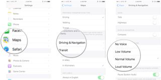 Change Maps navigation view, shoing how to tap Maps, tap Driving and Navigation, then tap an option under Navigation Voice Volume
