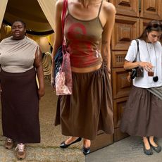 Influencer Abi Marvel wears a brown skirt with a beige draped shoulder top. Influencer Susie Garvie wears a brown poplin skirt with a graphic tank. Influencer Poppy wears brown skirt with a silk scarf tied around her waist with a white crewneck top. 