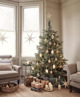 christmas tree in living room next to windows