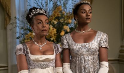 Adjoa Andoh as Lady Danbury, Simone Ashley as Kate Sharma in episode 201 of Bridgerton