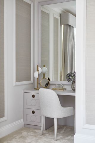 dressing table set in an alcove, neutral scheme , bespoke vanity and large mirror