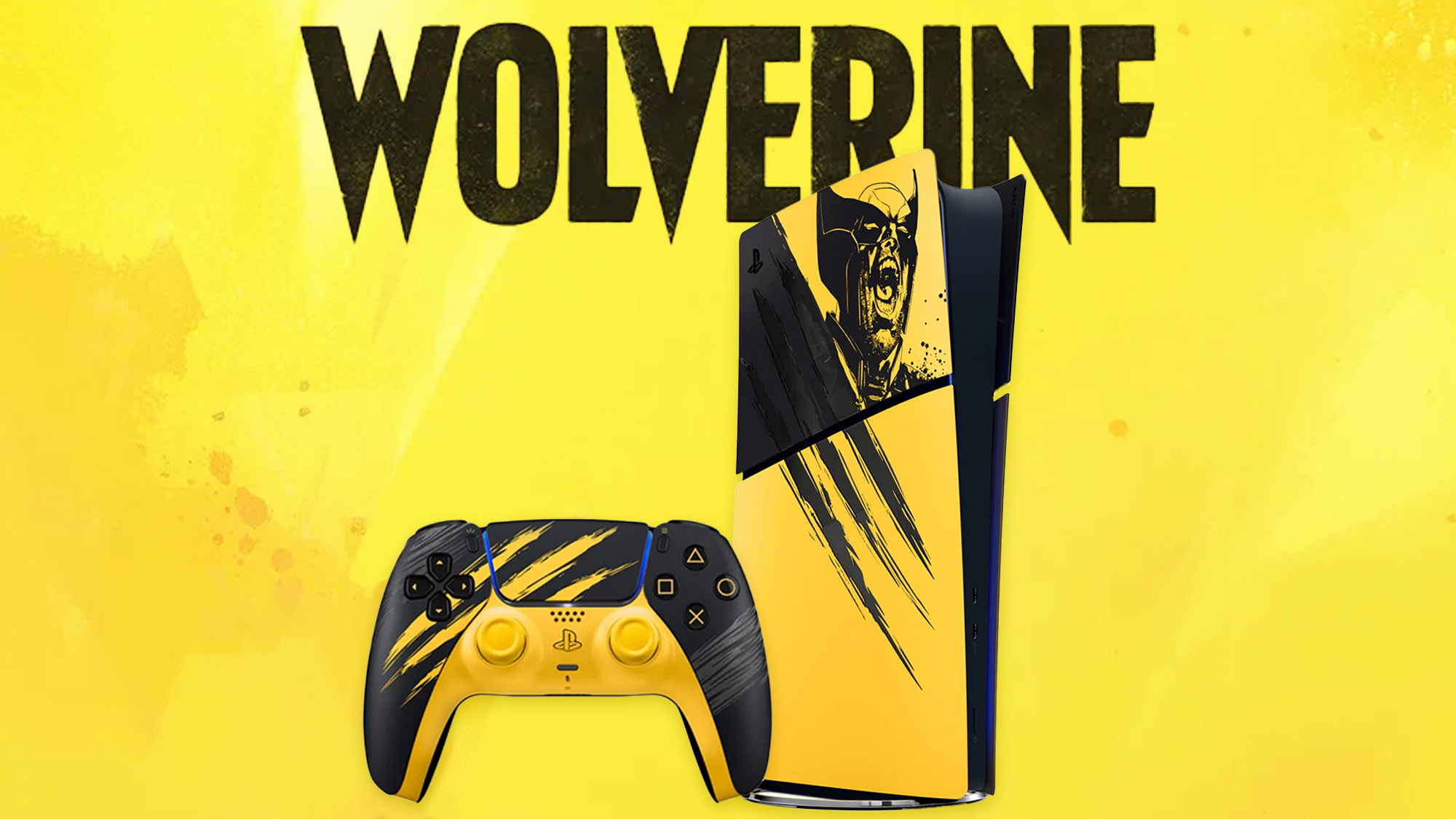 PS5 console Wolverine edition with a DualSense controller on a yellow background