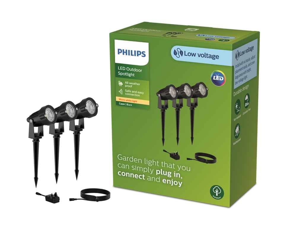 Philips Caper Gardenlink Low-Voltage Outdoor Spotlights Lights Spike 3 Pack, 3x1.5w, Black, 24v, Ip44 Water Resistant
