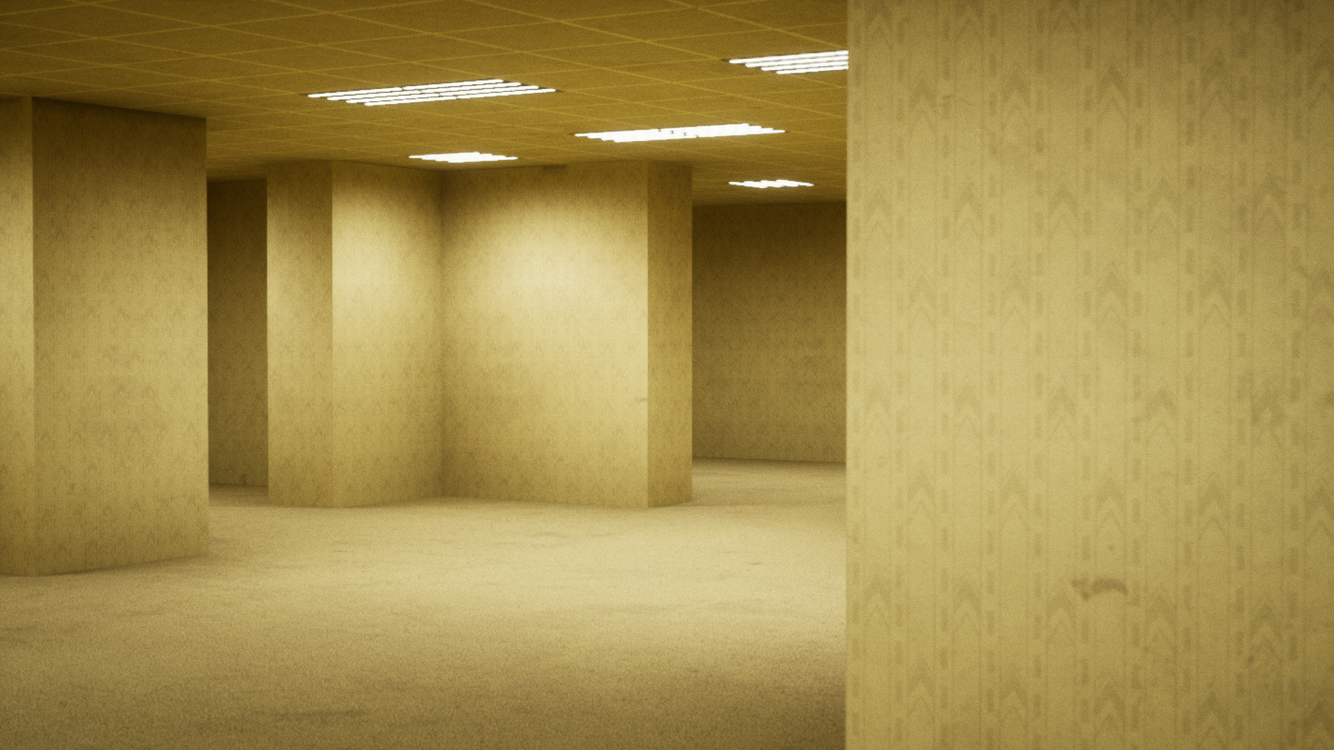 Empty yellow office-like rooms and hallways from the Backrooms creepypasta, lit by fluorescent ceiling lights.