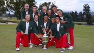 Team USA captain John "Spider" Miller, Maverick McNealy, Will Zalatoris, Stewart Hagestad, Norman Xiong, Cameron Champ, (Bottom L-R) Braden Thornberry, Doc Redman, Collin Morikawa, Scottie Scheffler, and Doug Ghim pose with the Walker Cup Trophy after defeating the Great Britain and Ireland Team 19-7 at the 2017 Walker Cup on September 10, 2017 at the Los Angeles Country Club