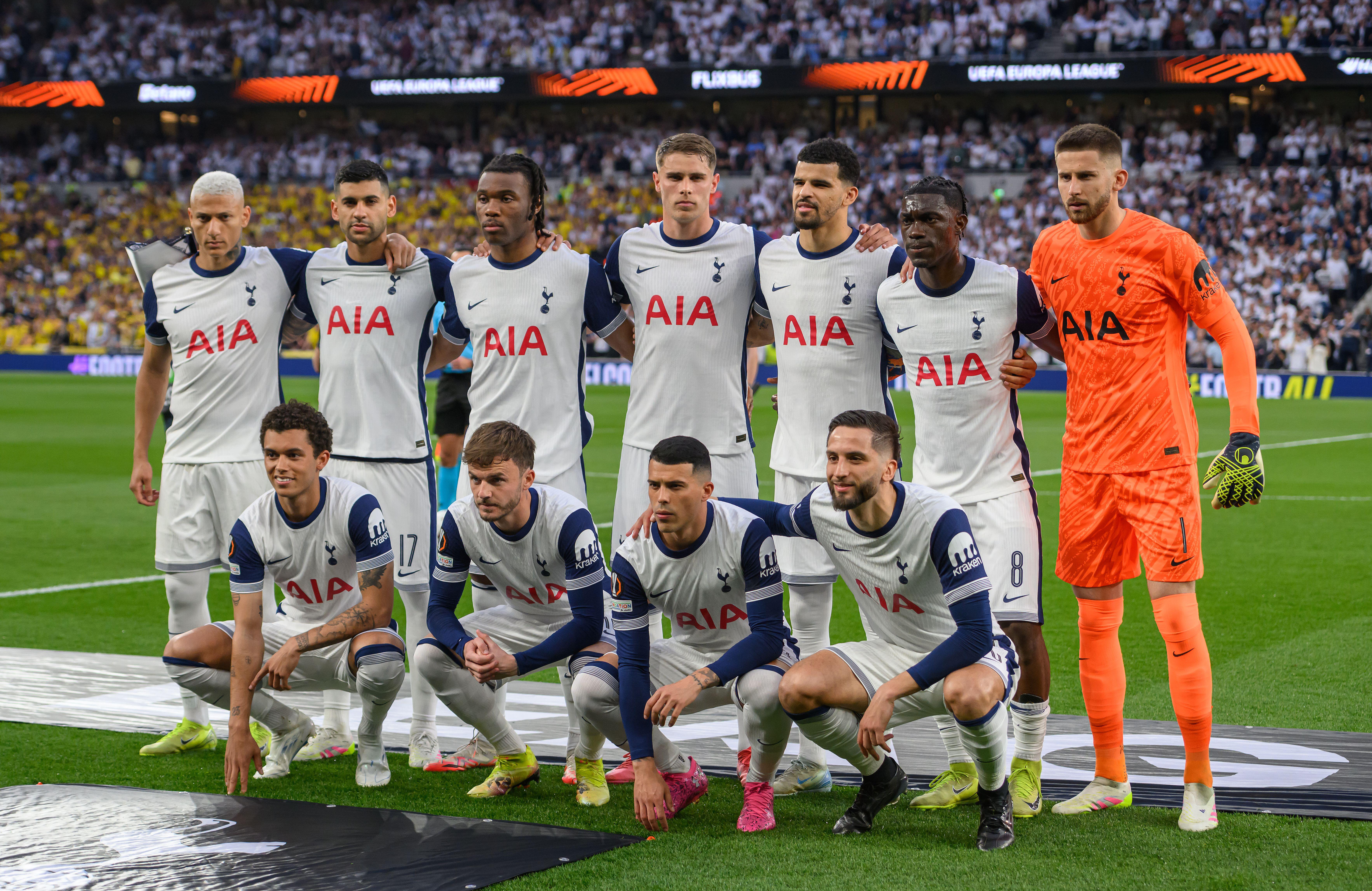 The Tottenham team ahead of their Europa League semi-final against Bodo/Glimt, May 2025