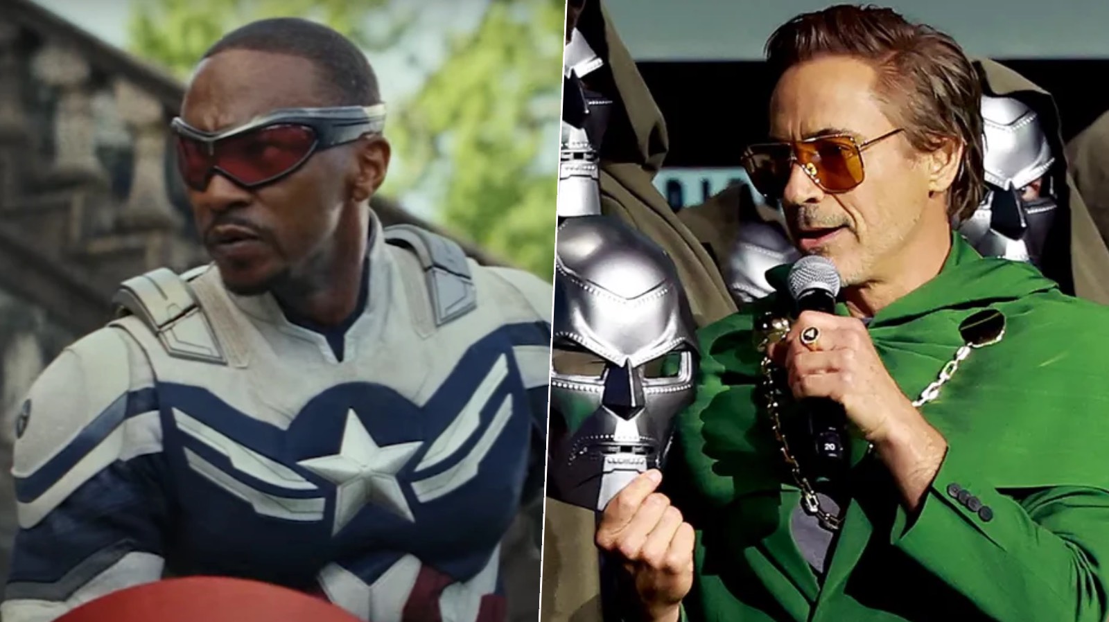 Captain America Sam Wilson next to Robert Downey Jr. holding the Doom mask