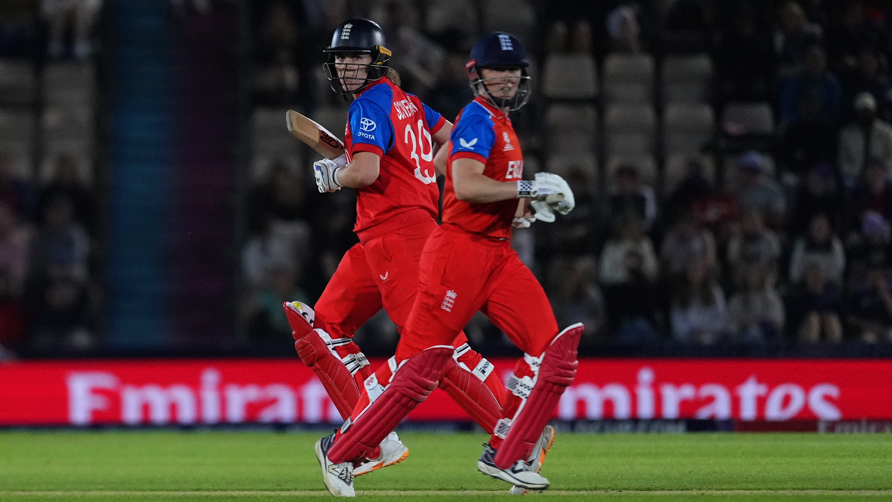 Alice Capsey (R) and Nat Sciver-Brunt (L) of England take a single during the ICC Women's T20 World Cup Group B match between England Vs Ireland