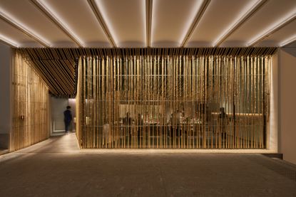 timber interior of Suzuki restaurant at Mondrian Singapore by Kengo Kuma