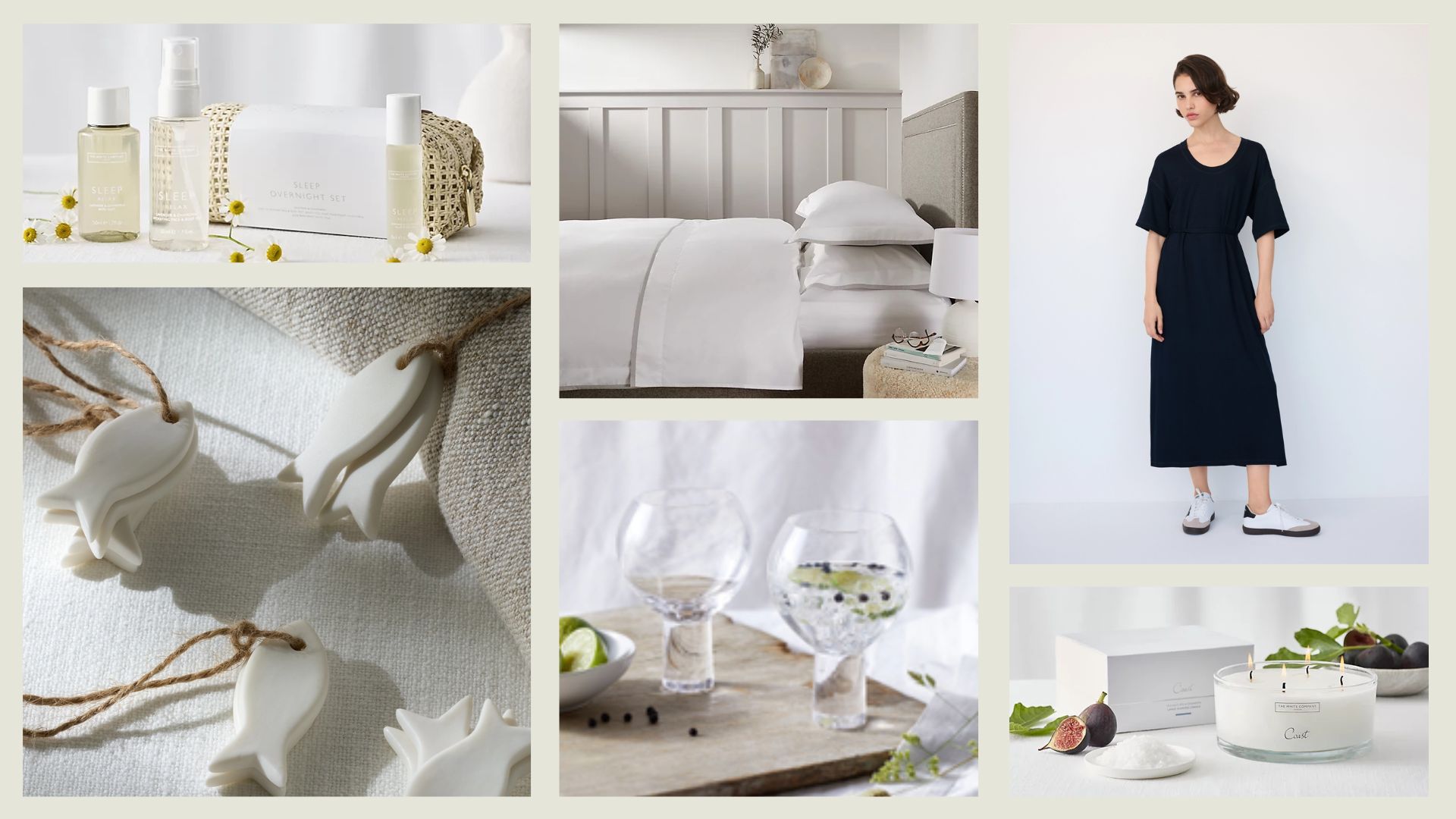 Six items available in The White Company sale: a travel set, ceramic fish, bed sheets, gin glasses, a candle, and a dress