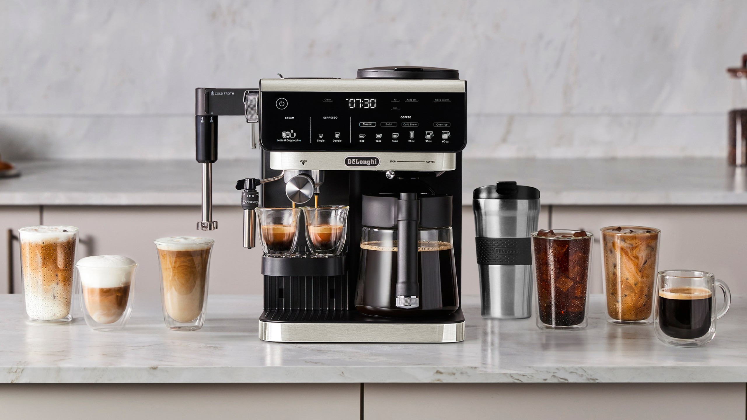 De'Longhi All-in-One Combination Coffee &amp; Espresso Machine with coffee drinks on kitchen counter