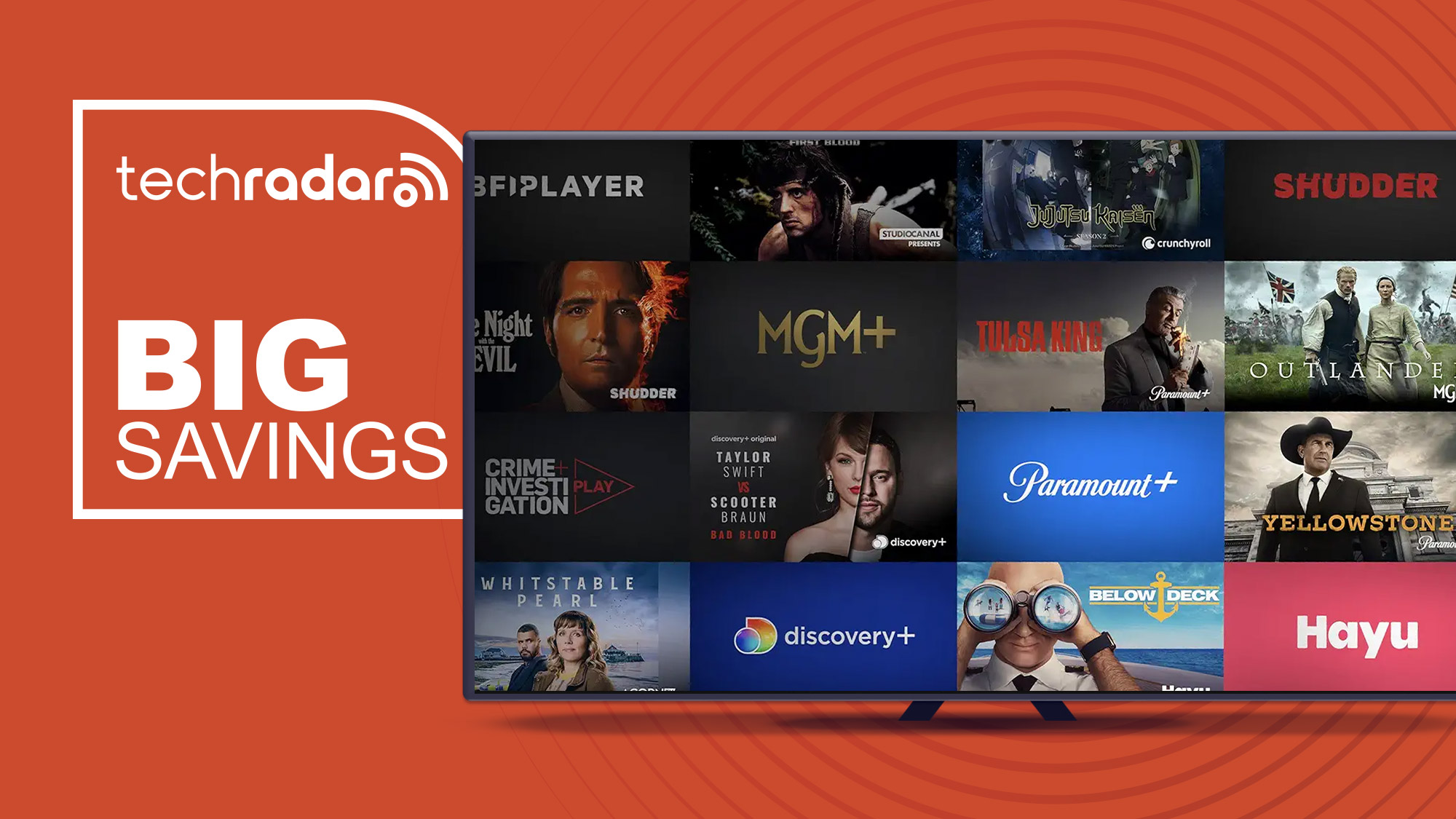 A TV showing several different streaming services next to the words &#039;big savings&#039; 