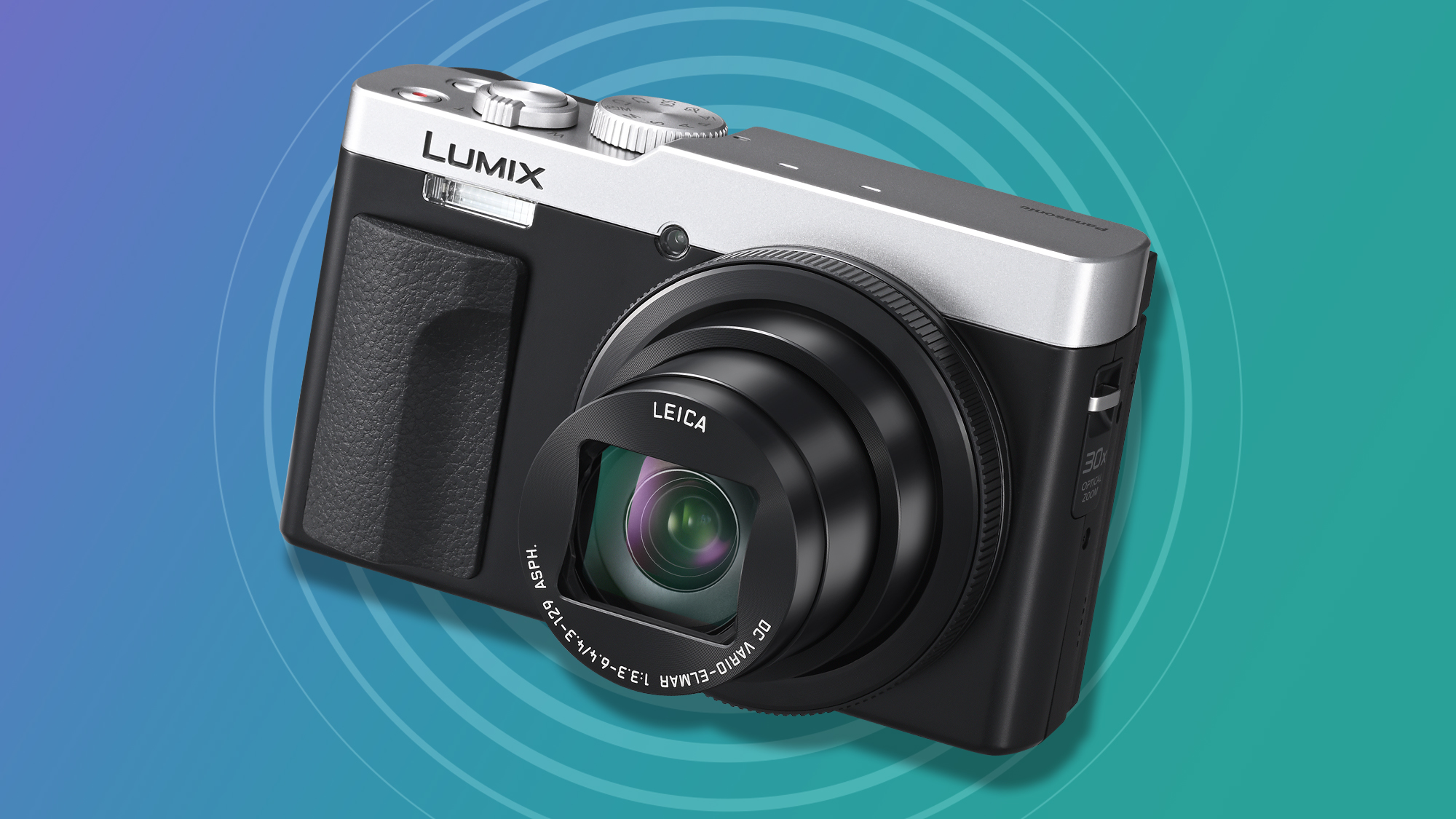 Panasonic Lumix TZ99 point and shoot camera on a bright green / cyan background