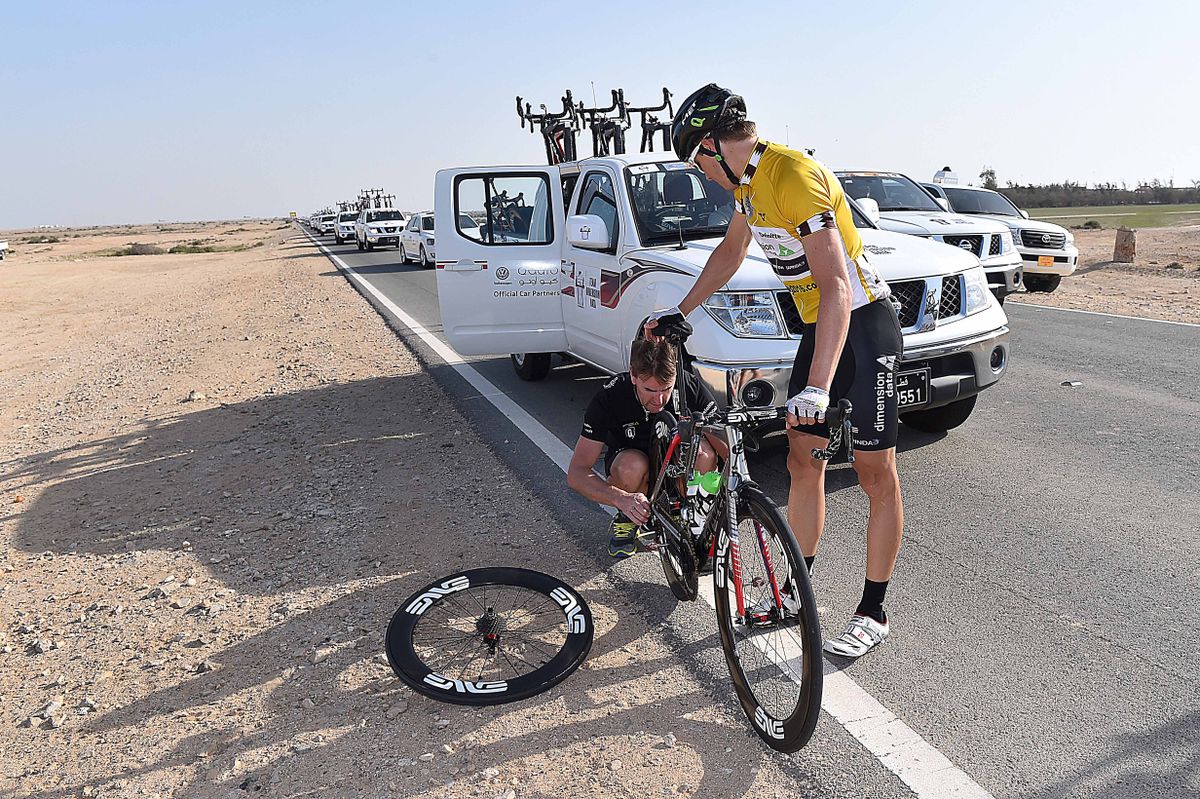 Edvald Boasson Hagen punctured out of the front group while leading Tour of Qatar