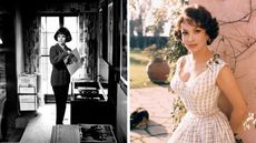 a split screen image with italian actress gina lollobrigida in her living room in 1960 on the left and posed outside on the right