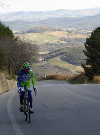 A lonely road. Ivan Basso (Liquigas-Cannondale) is building towards the Giro d'Italia.
