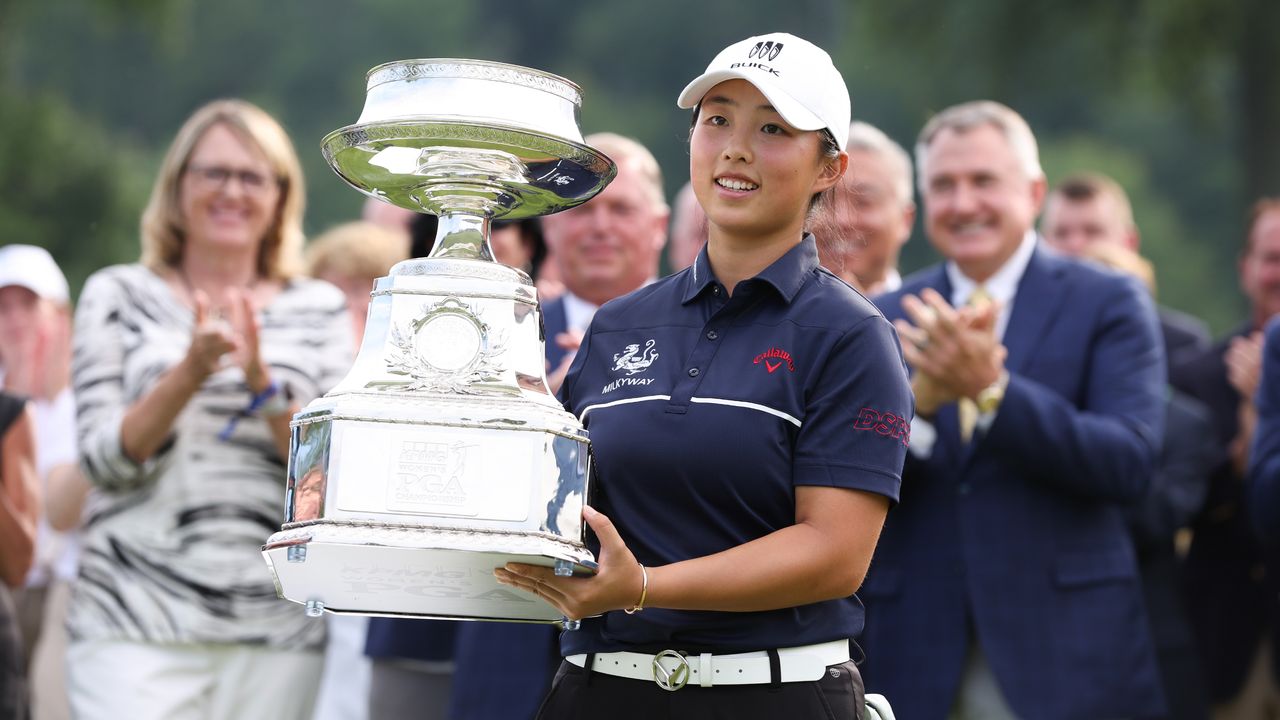 Ruoning Yin with the trophy following her win in the KPMG Women&#039;s PGA Championship at Baltusrol