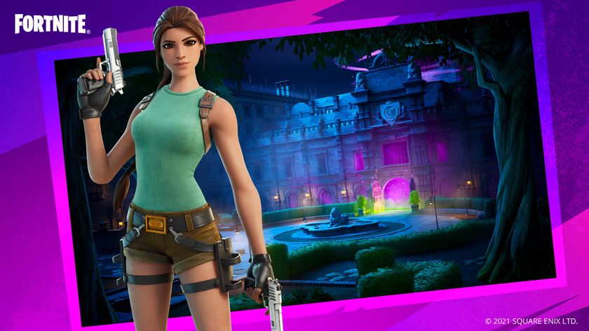 Fortnite&#039;s Lara croft skin in front of a building