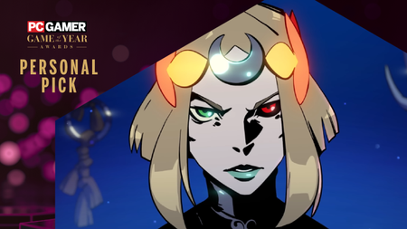 Melinoe, the protagonist of Hades 2, looks furiously at the camera. Overlaid is a graphic ofr the PC Gamer Game of the Year personal pick.