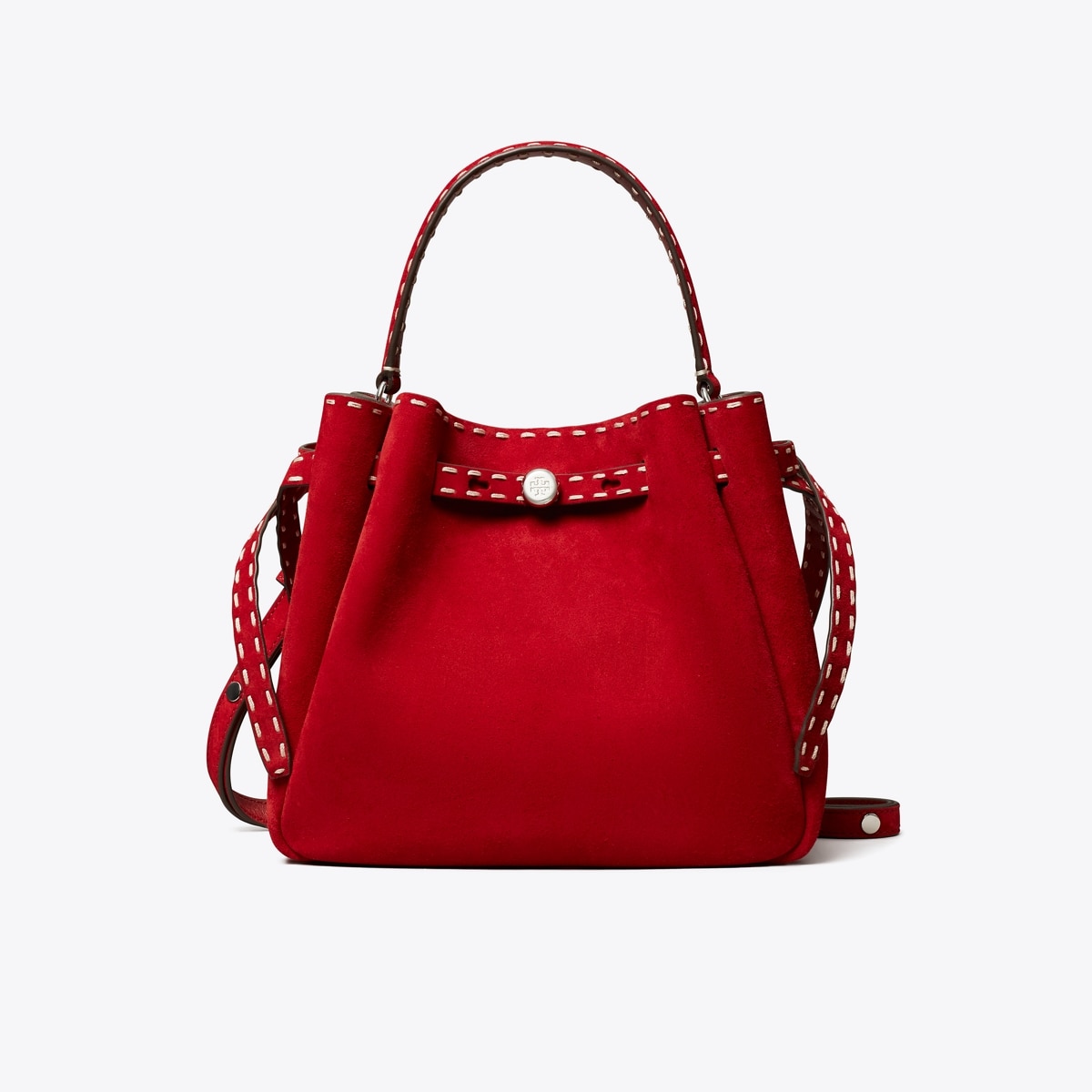Romy Suede Pick Stitch Bucket Bag in Red, Size Os