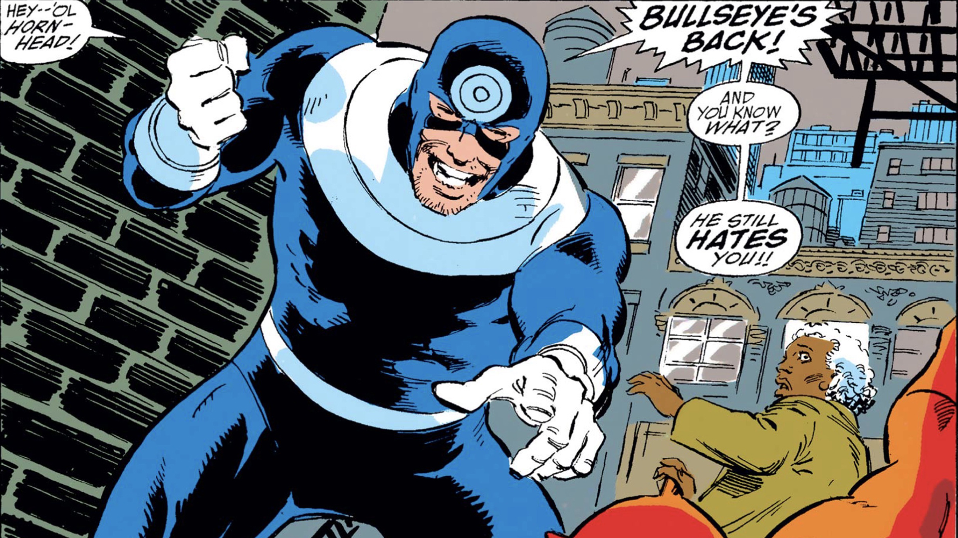Matt Murdock dressed as Bullseye standing over Bullseye dressed as Daredevil