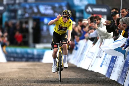 RUBI ALTO DO CASTELO SPAIN FEBRUARY 25 Jonas Vingegaard of Denmark and Team JumboVisma Yellow Leader Jersey celebrates at finish line as stage winner during the 2nd O Gran Camio 2023 Stage 3 a 127km stage from Esgos to Rubi Alto do Castelo 840m Stage shortened due to bad weather conditions OGC23 on February 25 2023 in Esgos Spain Photo by Tim de WaeleGetty Images