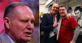 [left] Former Tottenham Hotspur and England footballer Paul Gascoigne poses upon arrival to attend the World Premiere of ROBBO: The Bryan Robson Story, in Manchester, northern England on November 25, 2021. [right] Ex-boxer Ricky Hatton and Ex-footballer Paul Gascoigne pictured during a Boxing Media Work Out at Kings Gym in Leicester on March 20, 2019 in Leicester, England