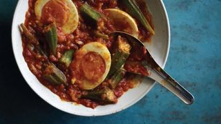 a bowl of egg and okra curry
