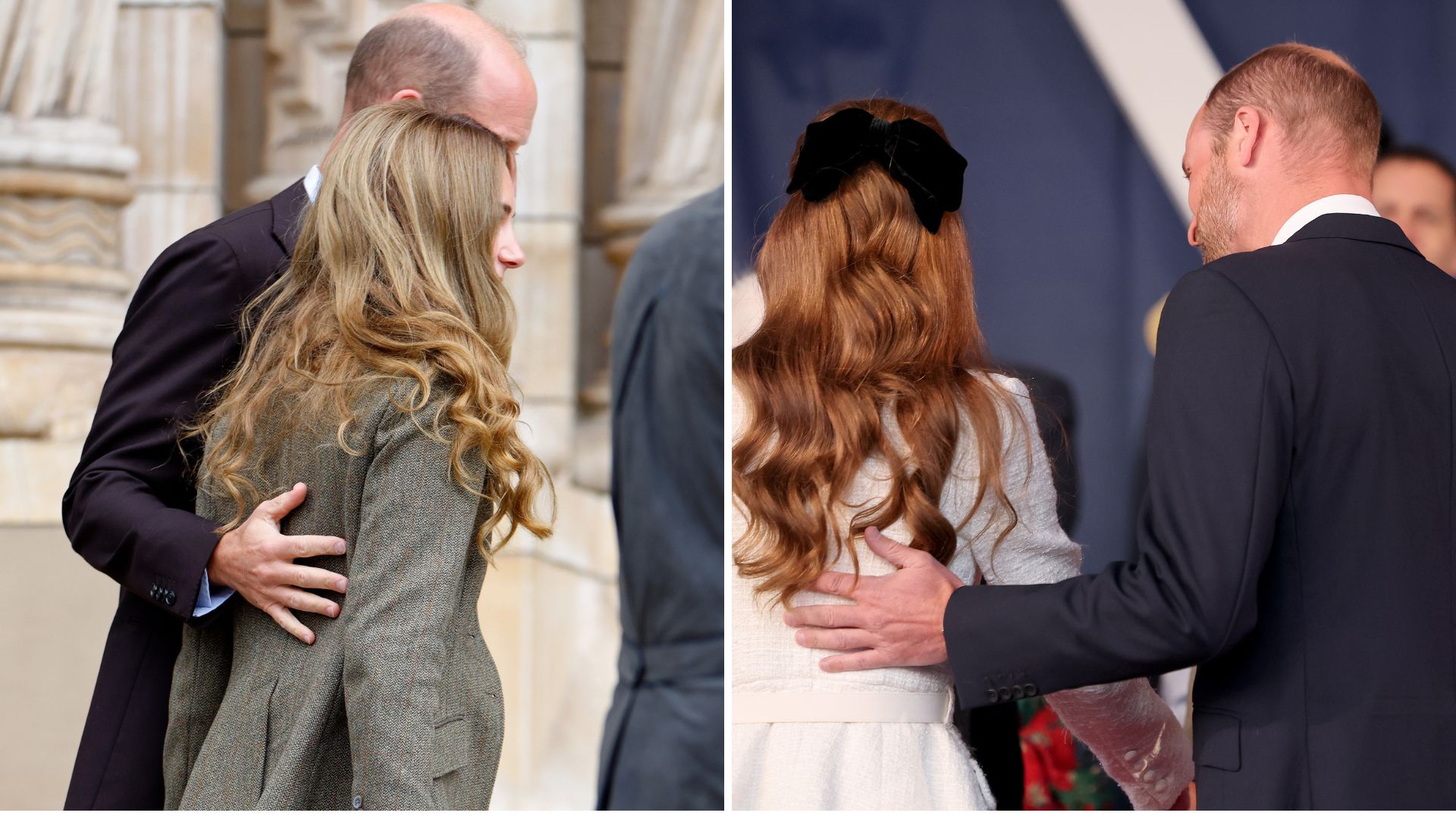 A composite of two pictures of Prince William putting his hand on the Princess of Wales&#039;s back on two separate occasions