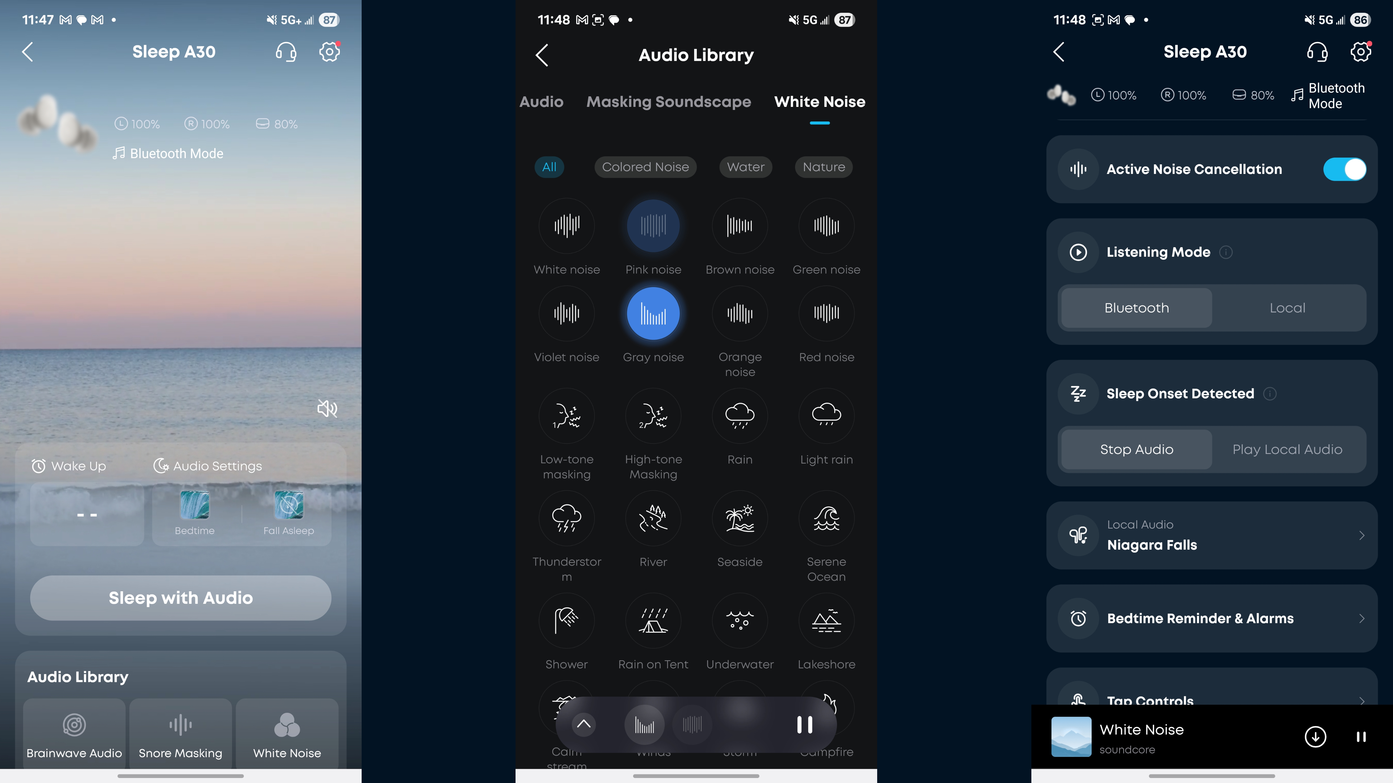 The Soundcore app showing the Sleep A30 settings and screenshots.