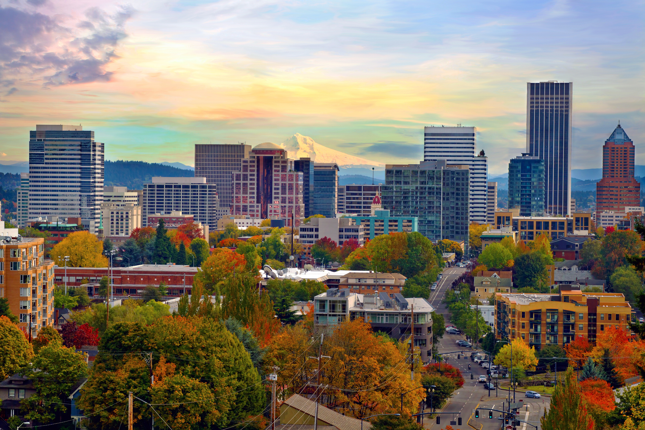 One beautiful Autumn day in Portland Oregon downtown from Vista Bridge with view of Mount Hood City Skyline and Trees with Fall Color Foliage