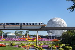 A monorail zips past flower displays during the Flower and Garden Festival at Epcot at Walt Disney World in Orange County, Florida.