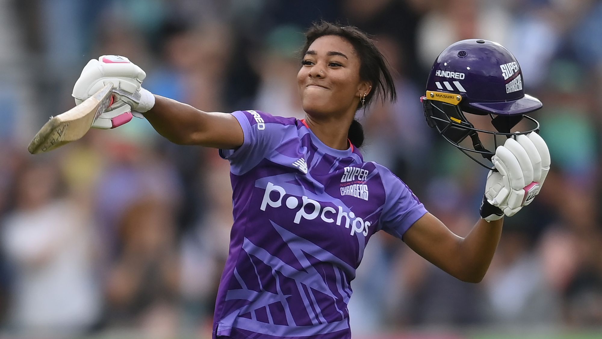 Davina Perrin of Northern Superchargers reaches her century during The Hundred Eliminator match