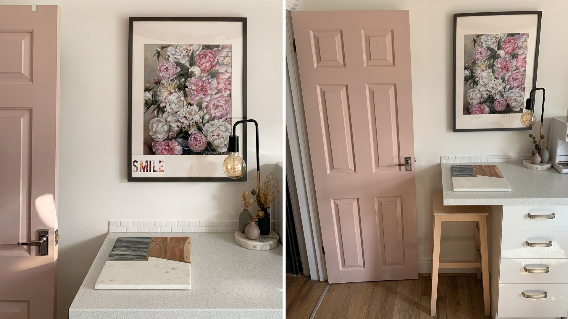 Warm white kitchen with dusky pink painted door