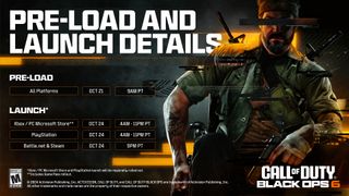 An infographic detailing the preload details for Call of Duty Black Ops 6. The key info is that the game can be preloaded on all platforms on October 21st at 9AM pacific time