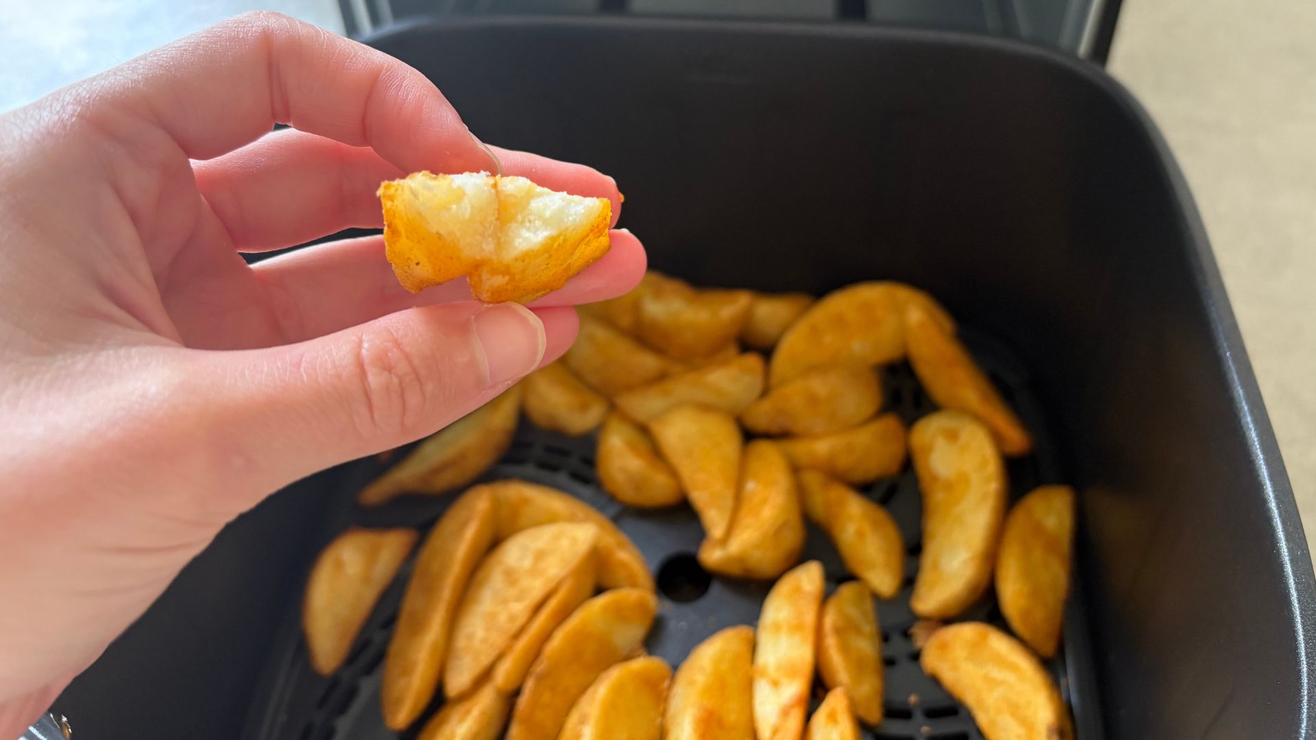 Chip broken in half from an air fryer drawer, cooked in the Bosch Series 6 Air Fryer