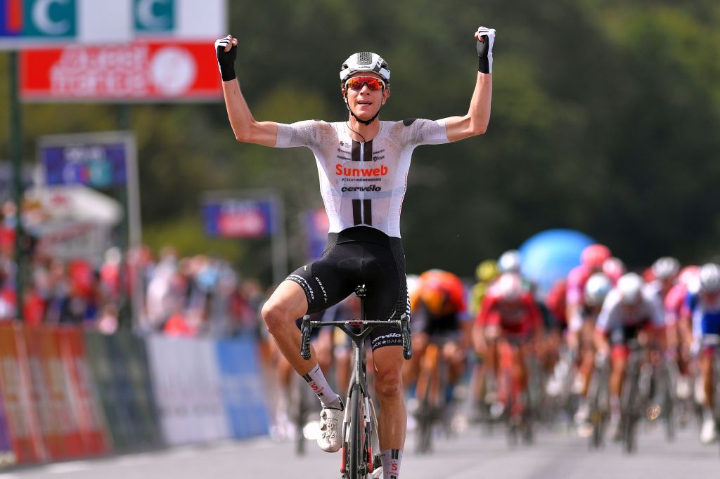 PLOUAY FRANCE AUGUST 25 Arrival Nils Eekhoff of The Netherlands and Team Sunweb Celebration during the 84th Bretagne Classic OuestFrance 2020 a 2478km race from Plouay to Plouay GrandPrixPlouay GPPlouay on August 25 2020 in Plouay France Photo by Luc ClaessenGetty Images